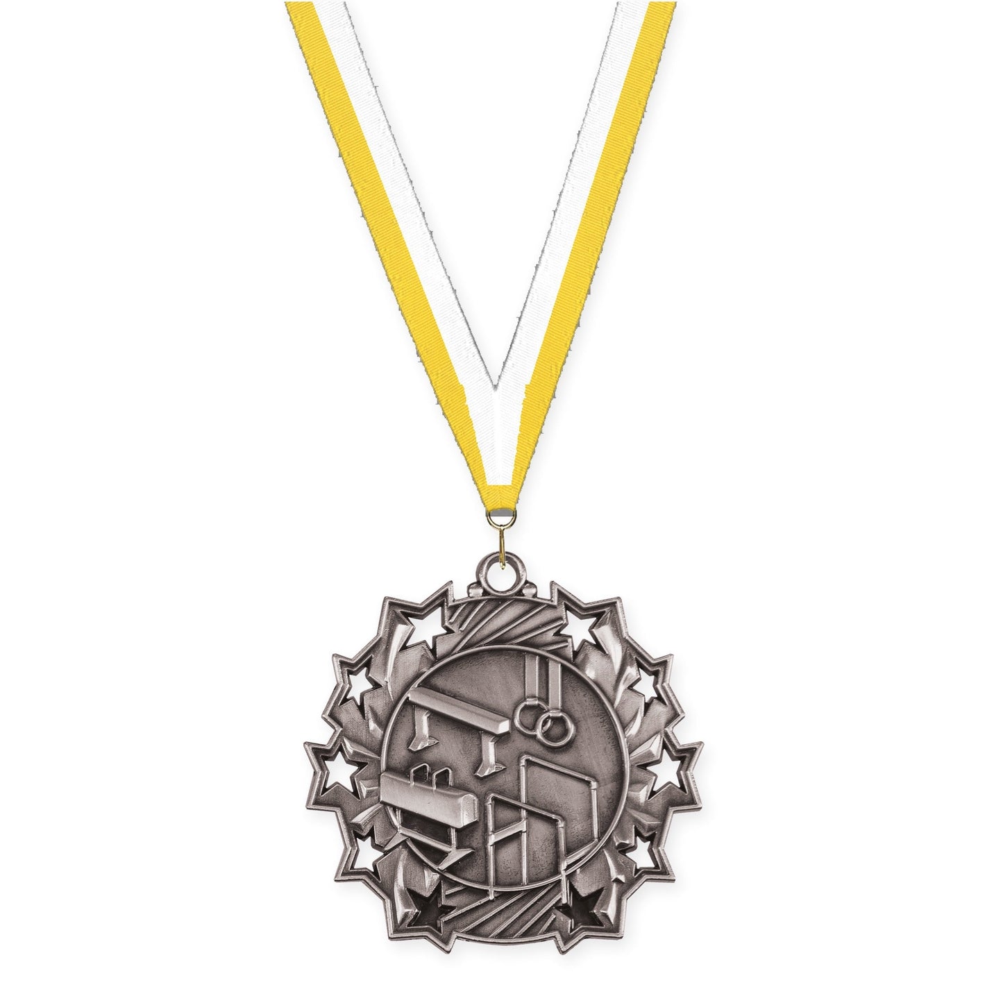 2 1/4 inch gymnastics Ten Star medal in antique silver with Yellow White neck ribbon