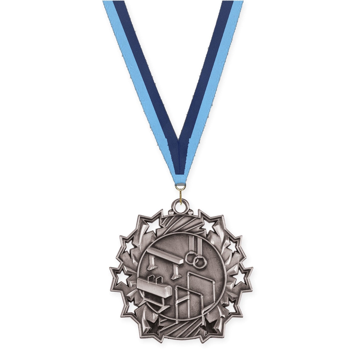 2 1/4 inch gymnastics Ten Star medal in antique silver with Light Blue Navy neck ribbon