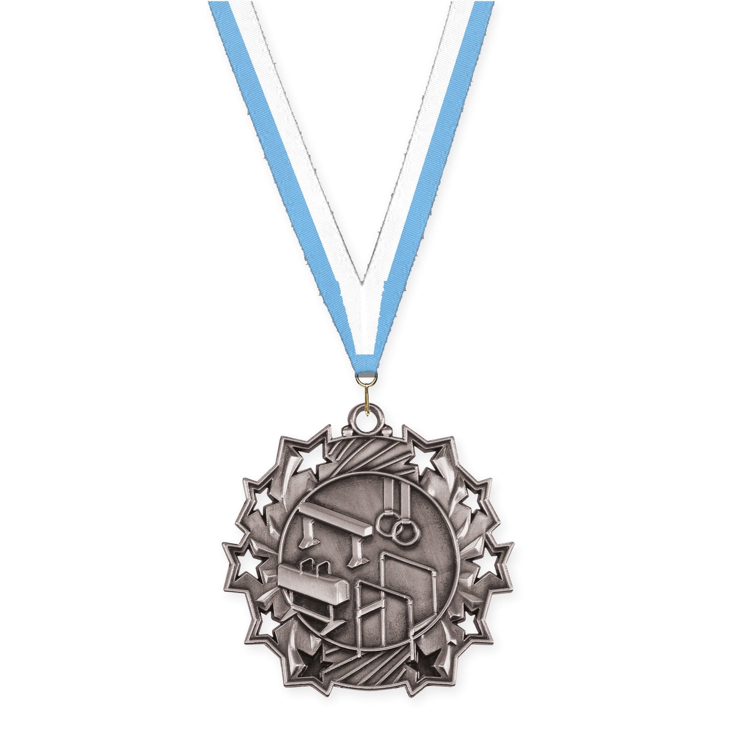 2 1/4 inch gymnastics Ten Star medal in antique silver with Light Blue White neck ribbon