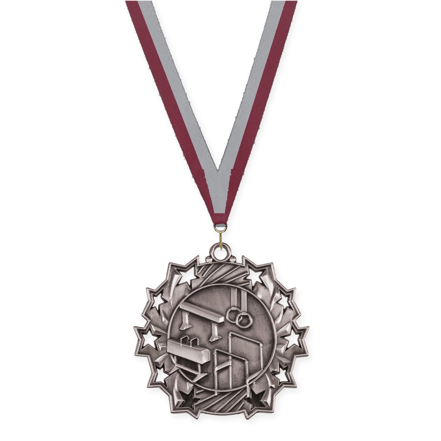 2 1/4 inch gymnastics Ten Star medal in antique silver with Maroon Gray neck ribbon