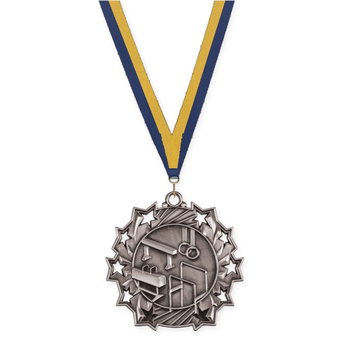 2 1/4 inch gymnastics Ten Star medal in antique silver with Navy Gold neck ribbon