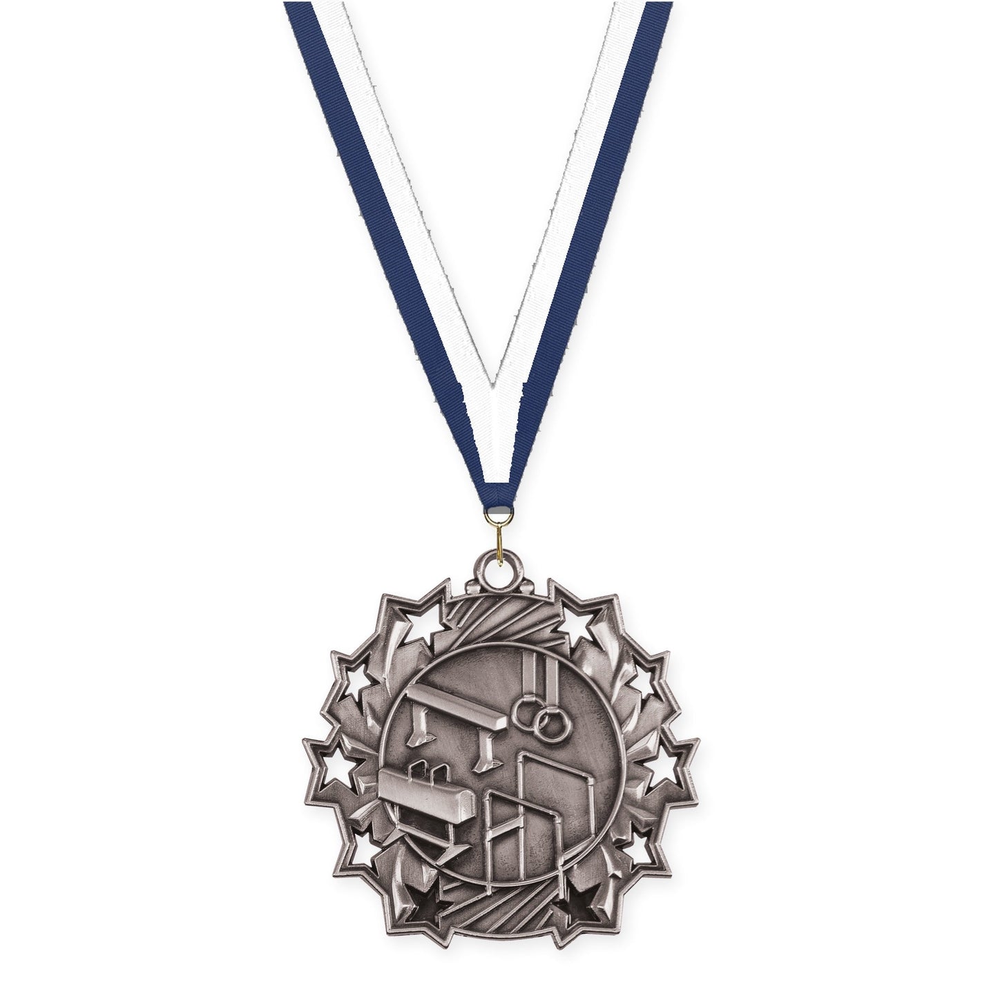 2 1/4 inch gymnastics Ten Star medal in antique silver with Navy White neck ribbon