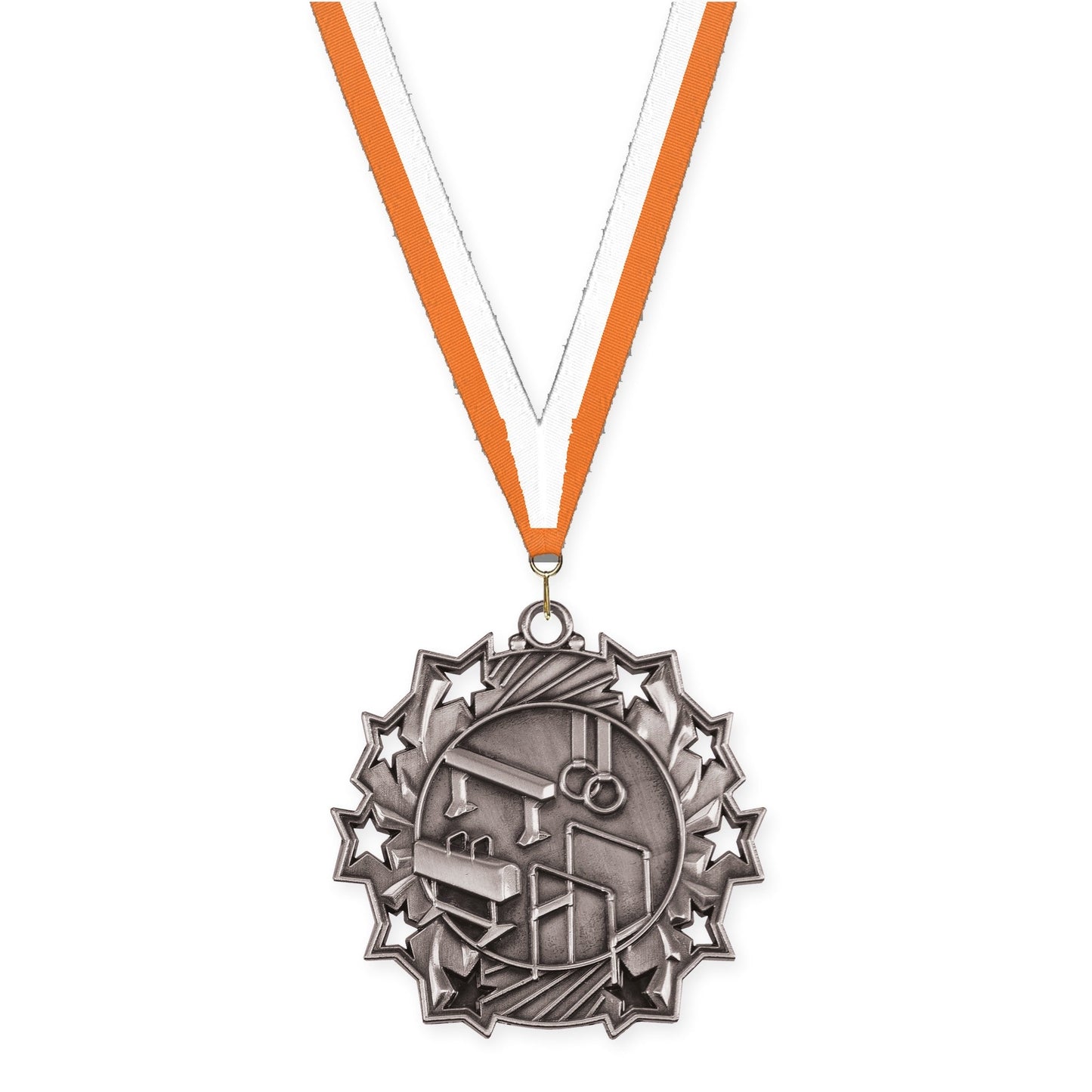 2 1/4 inch gymnastics Ten Star medal in antique silver with Orange White neck ribbon