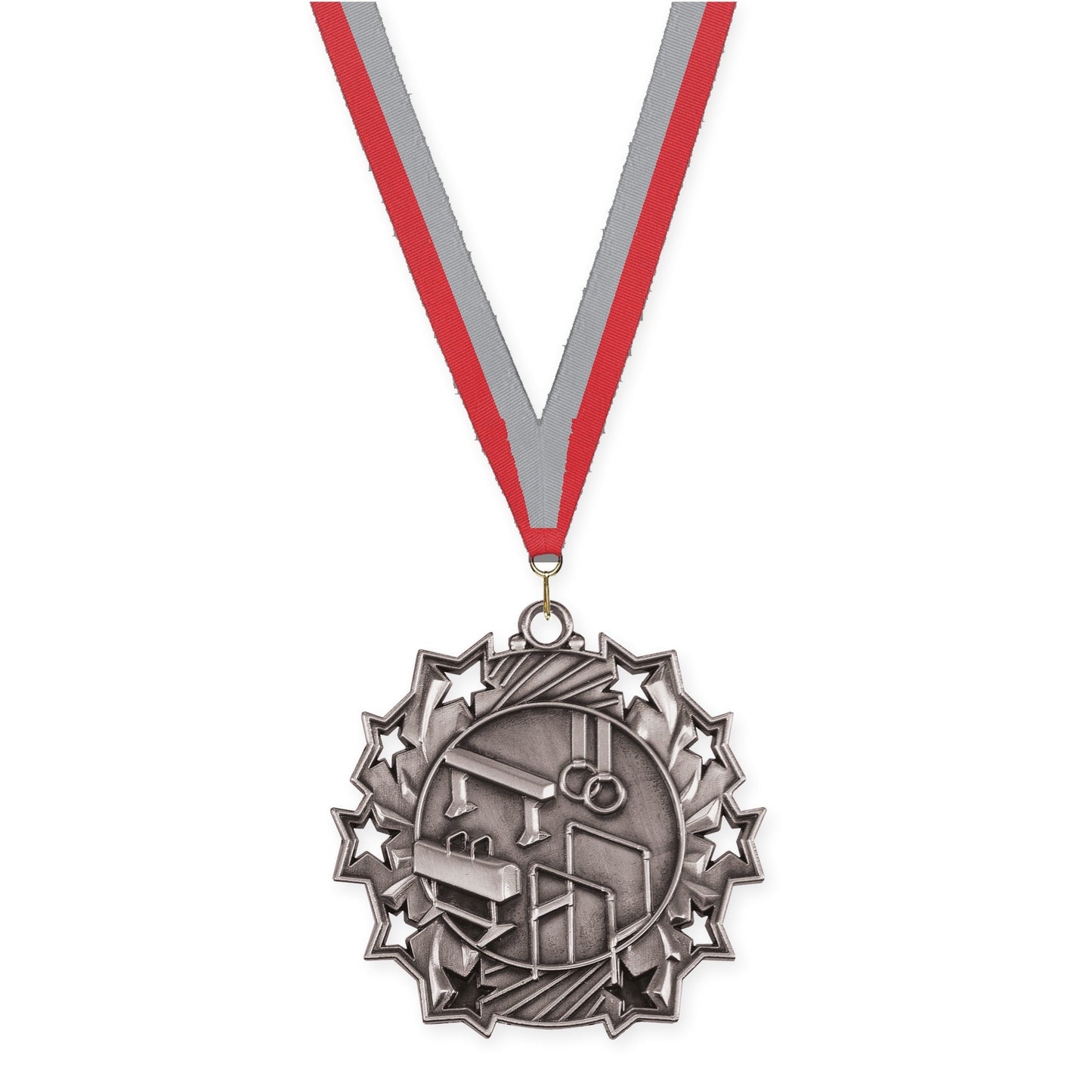 2 1/4 inch gymnastics Ten Star medal in antique silver with Red Gray neck ribbon