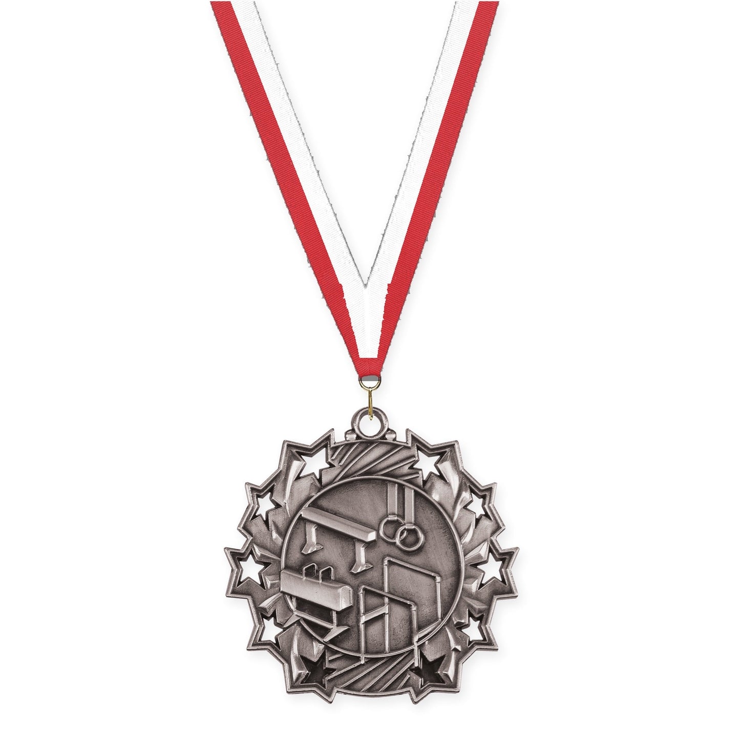 2 1/4 inch gymnastics Ten Star medal in antique silver with Red White neck ribbon