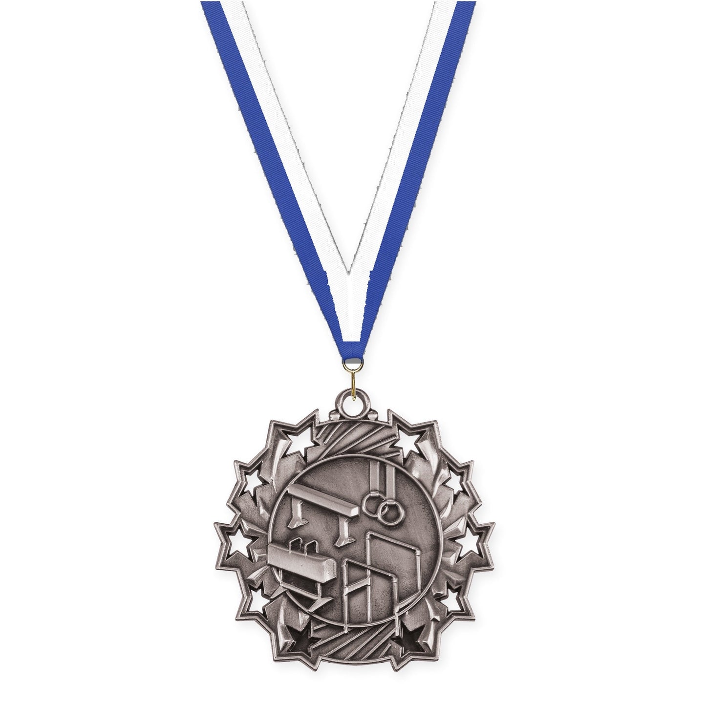2 1/4 inch gymnastics Ten Star medal in antique silver with Blue White neck ribbon