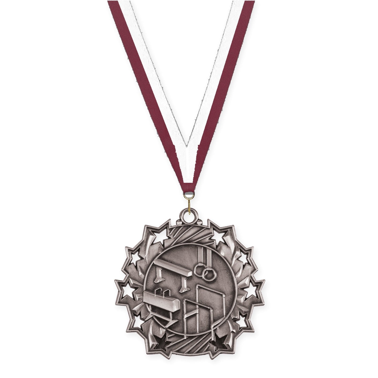 2 1/4 inch gymnastics Ten Star medal in antique silver with Maroon White neck ribbon