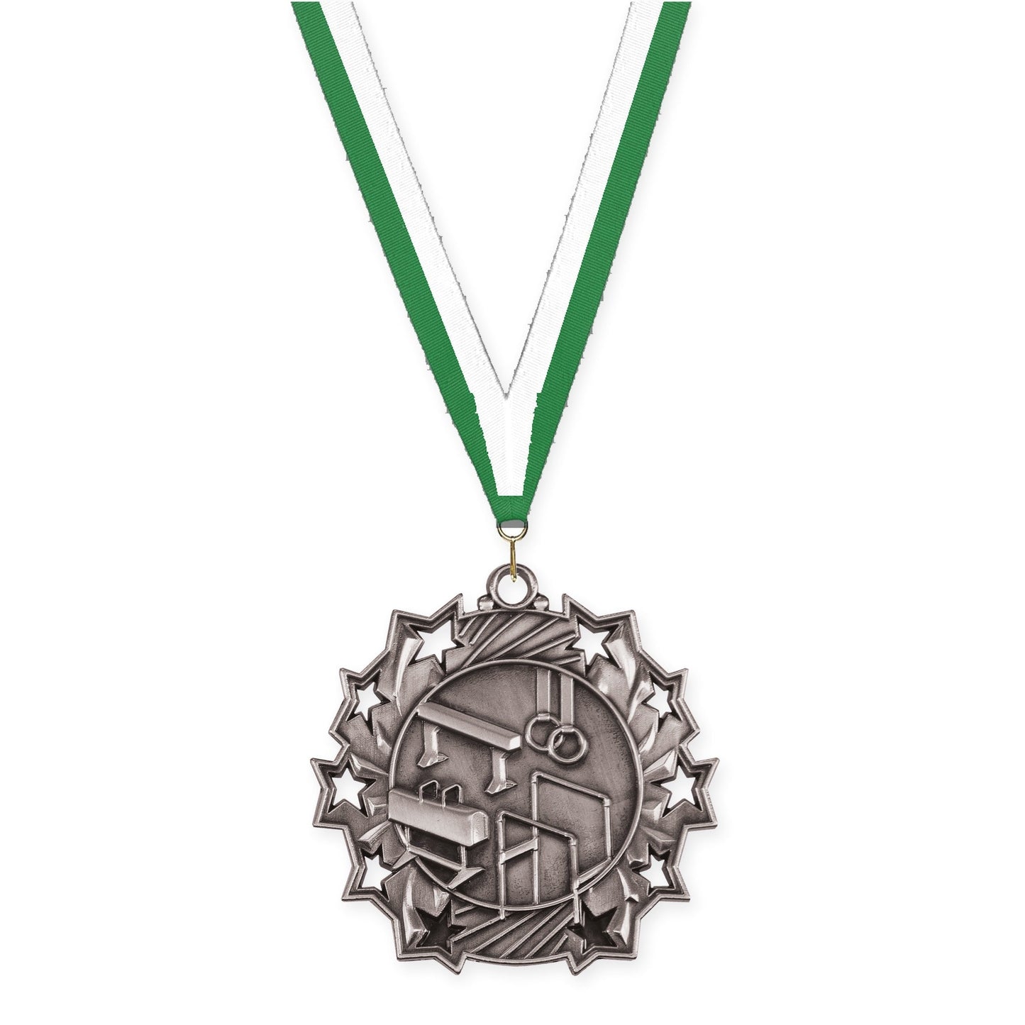 2 1/4 inch gymnastics Ten Star medal in antique silver with Green White neck ribbon
