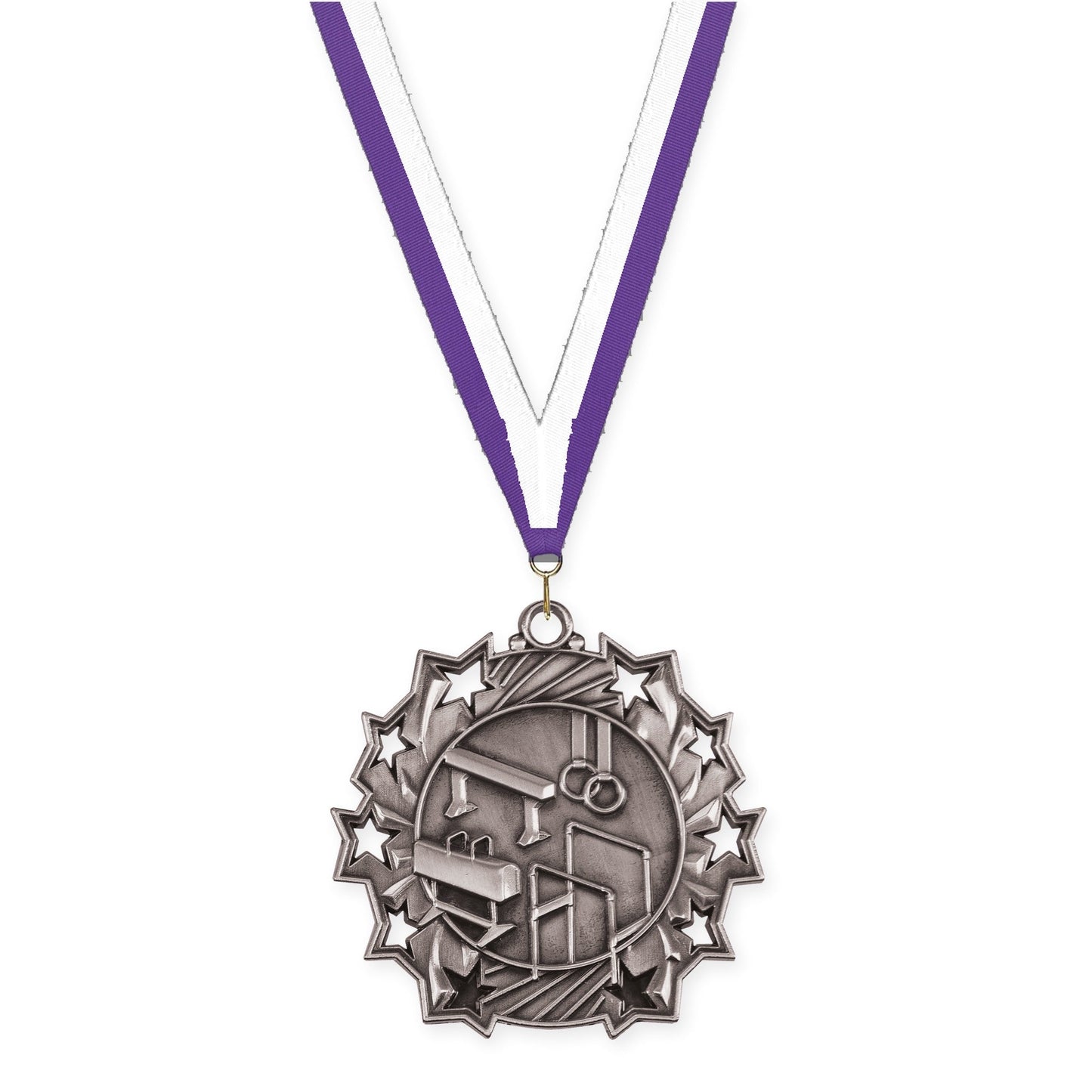 2 1/4 inch gymnastics Ten Star medal in antique silver with Purple White neck ribbon