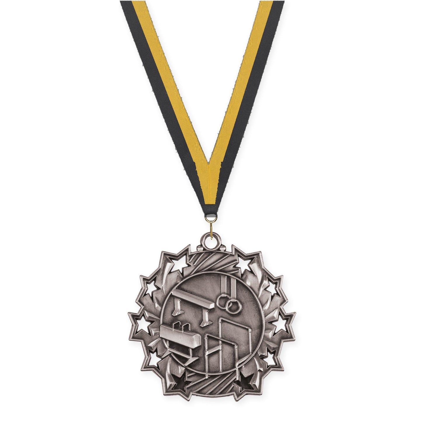 2 1/4 inch gymnastics Ten Star medal in antique silver with Black Gold neck ribbon