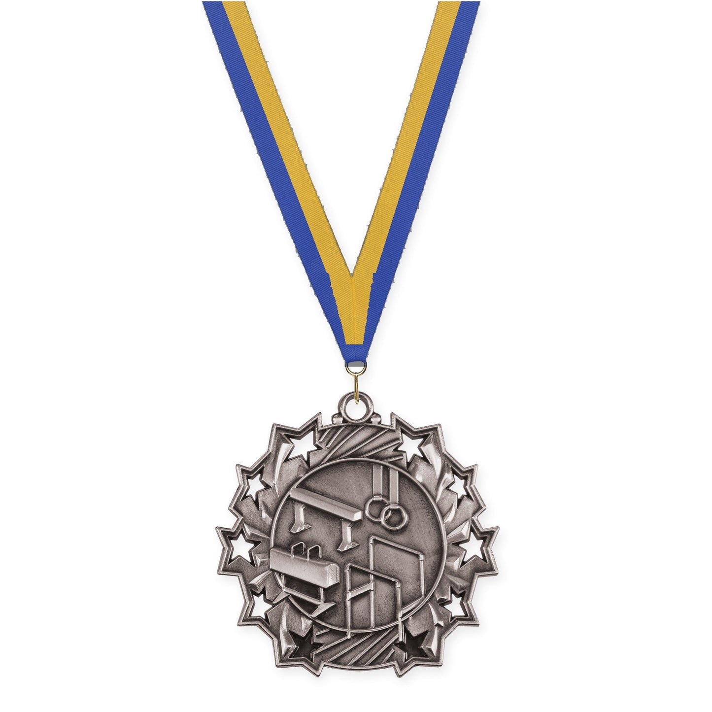 2 1/4 inch gymnastics Ten Star medal in antique silver with Blue Gold neck ribbon