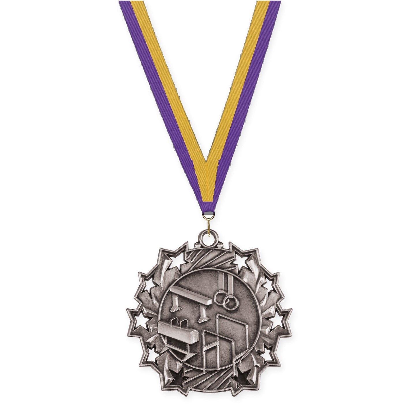 2 1/4 inch gymnastics Ten Star medal in antique silver with Purple Gold neck ribbon