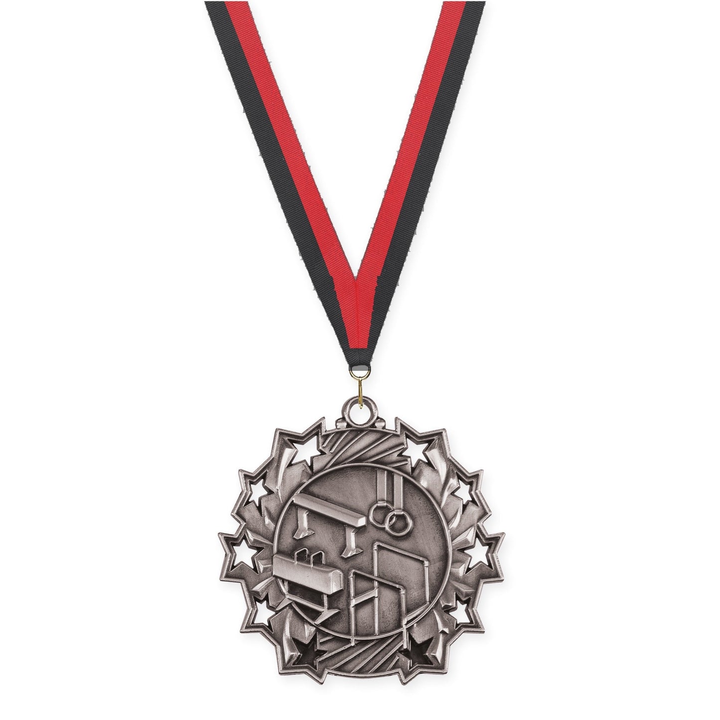 2 1/4 inch gymnastics Ten Star medal in antique silver with Black Red neck ribbon