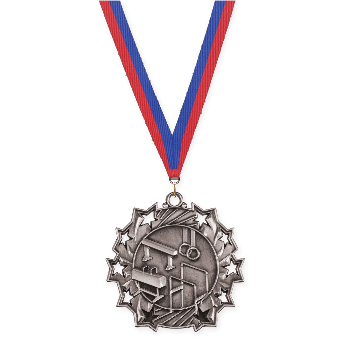 2 1/4 inch gymnastics Ten Star medal in antique silver with Blue Red neck ribbon