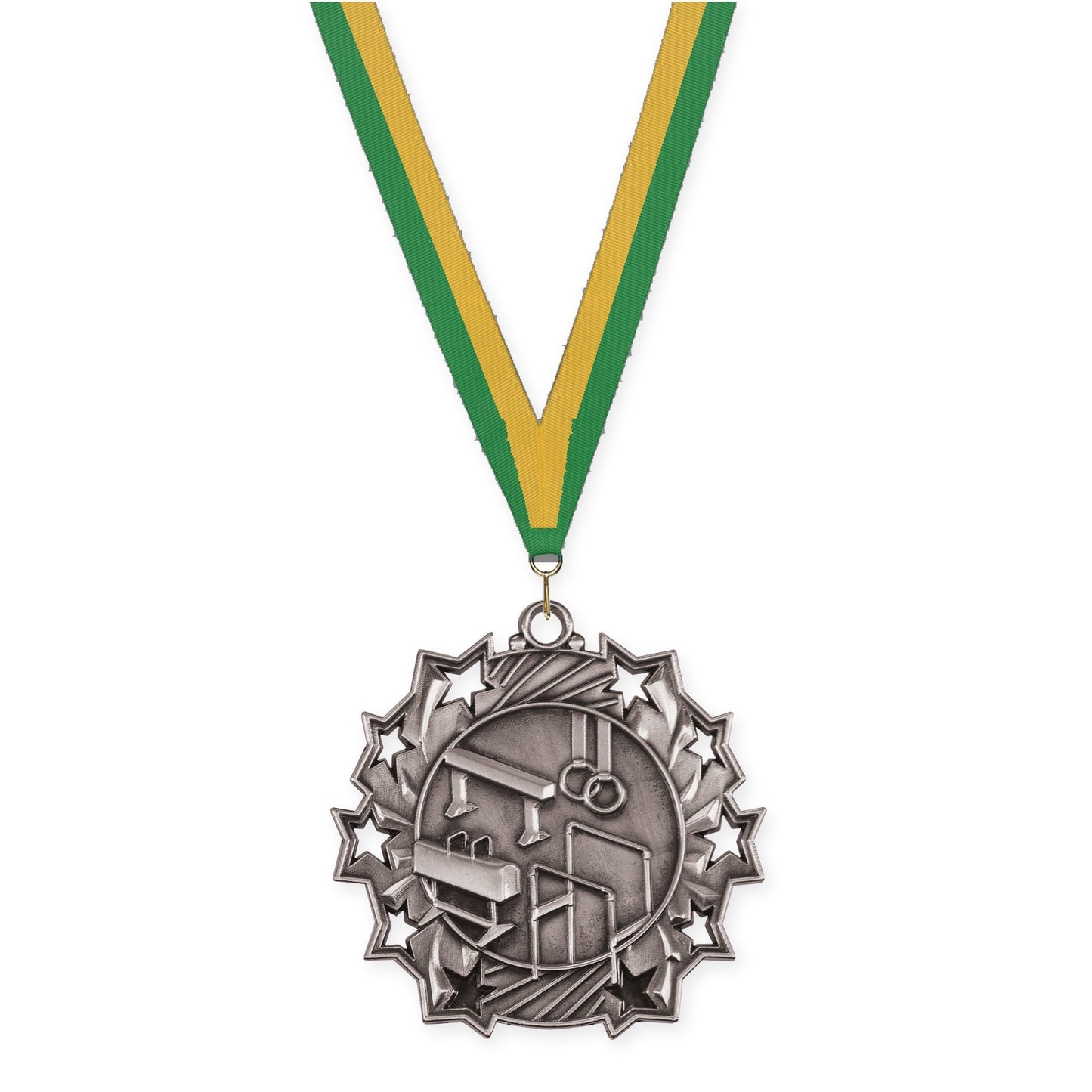 2 1/4 inch gymnastics Ten Star medal in antique silver with Green Gold neck ribbon