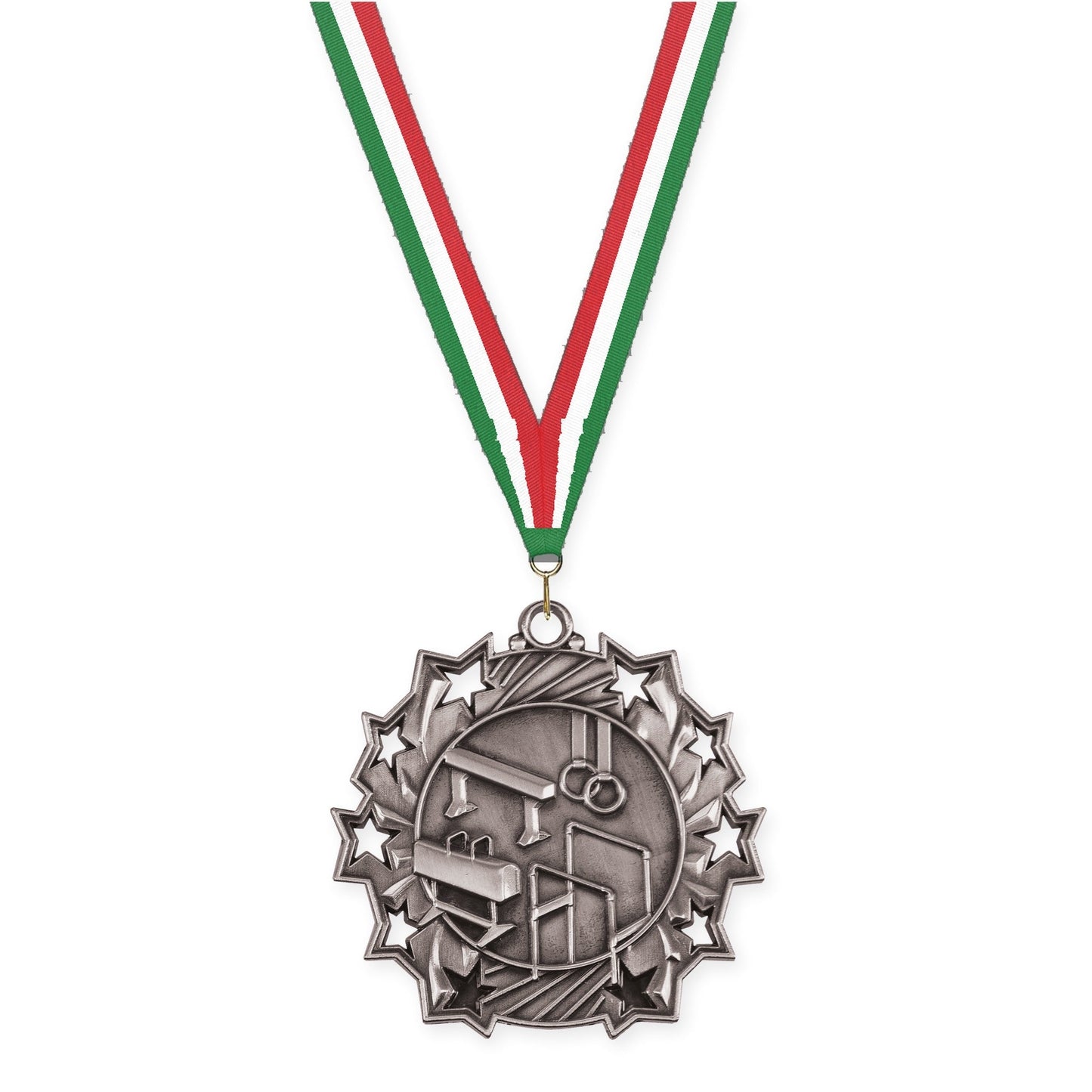 2 1/4 inch gymnastics Ten Star medal in antique silver with Green White Red neck ribbon