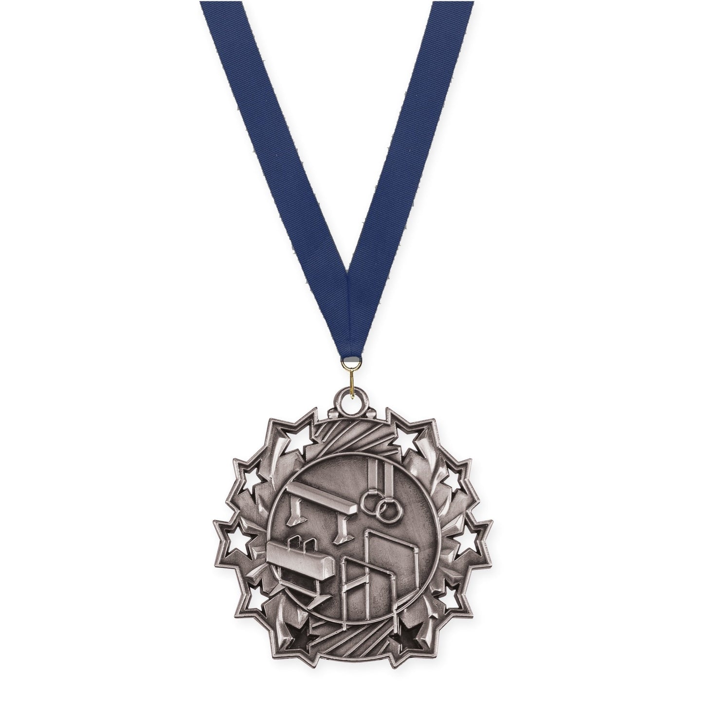 2 1/4 inch gymnastics Ten Star medal in antique silver with Navy neck ribbon