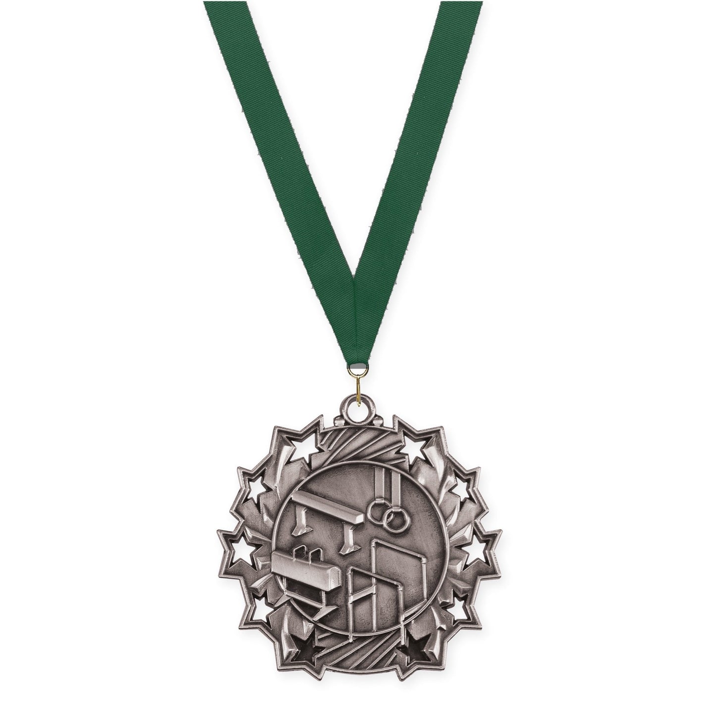 2 1/4 inch gymnastics Ten Star medal in antique silver with Hunter Green neck ribbon