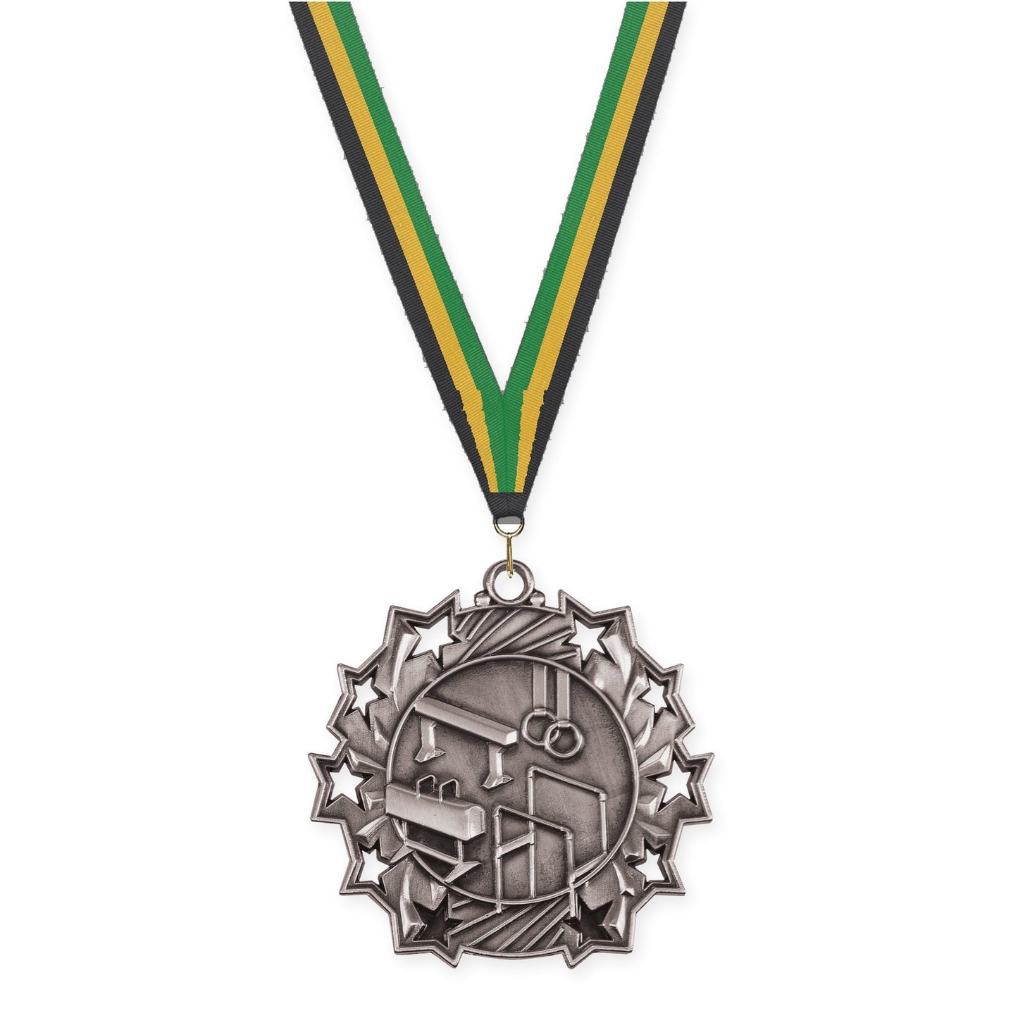 2 1/4 inch gymnastics Ten Star medal in antique silver with Black Gold Green neck ribbon