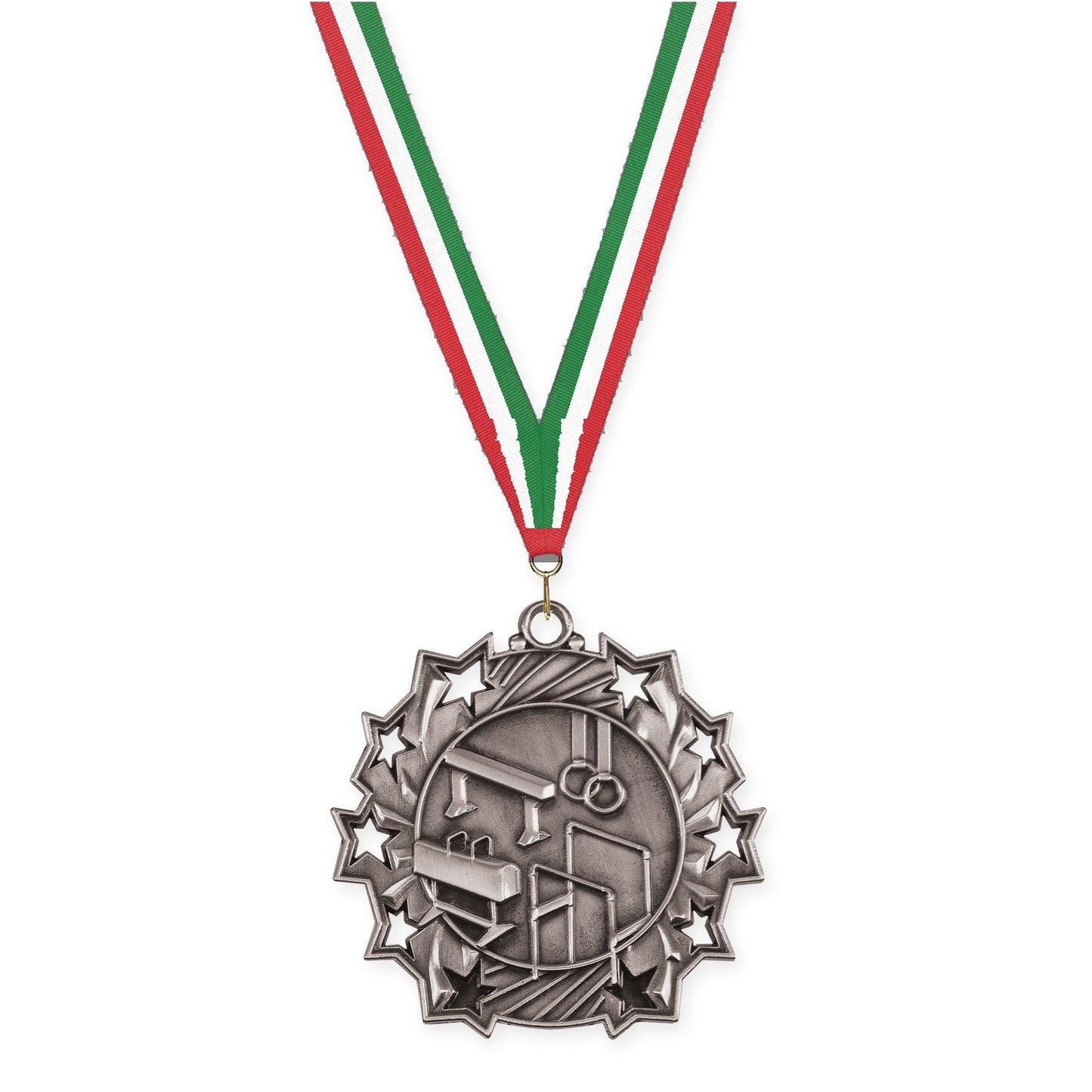 2 1/4 inch gymnastics Ten Star medal in antique silver with Red White Green neck ribbon