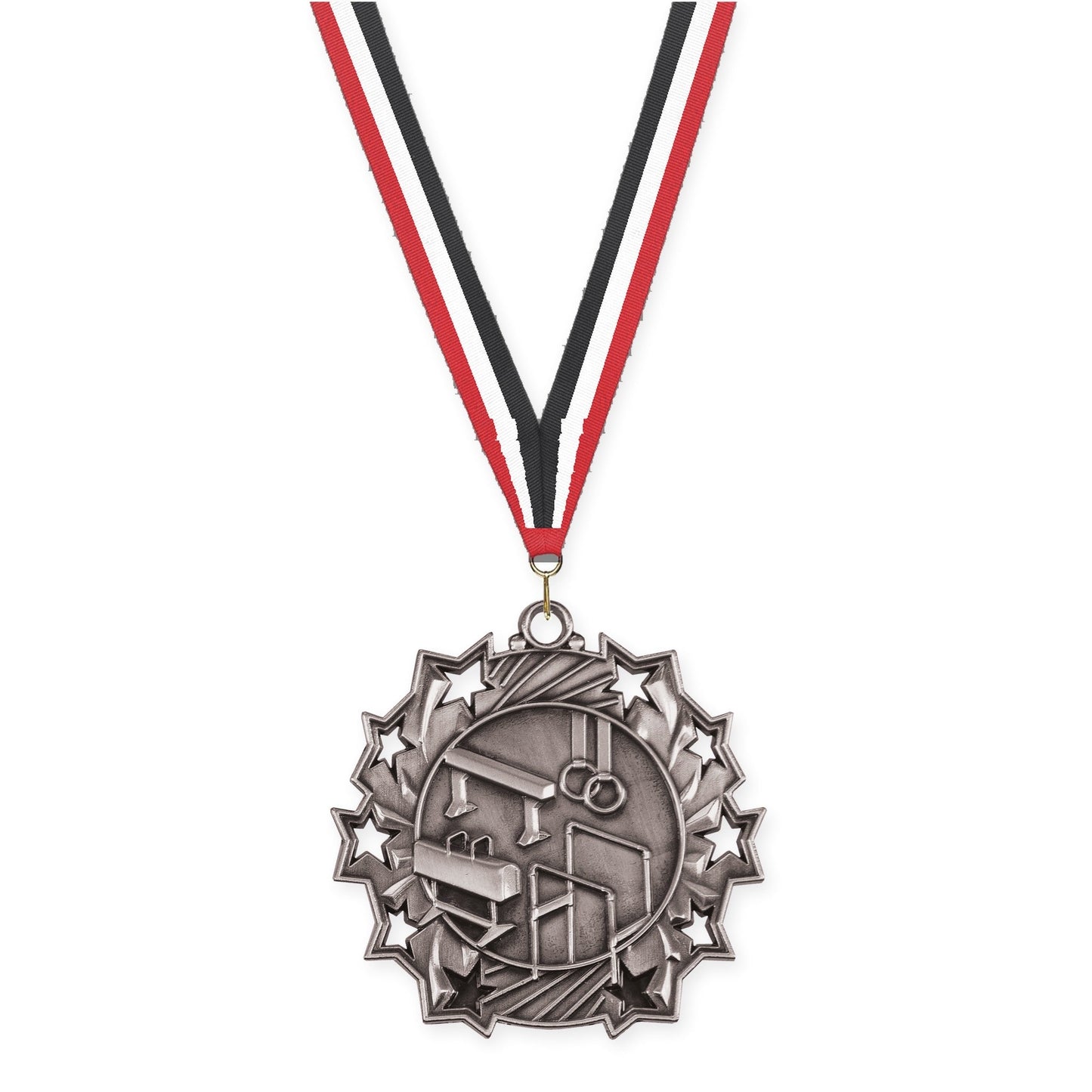 2 1/4 inch gymnastics Ten Star medal in antique silver with Red White Black neck ribbon