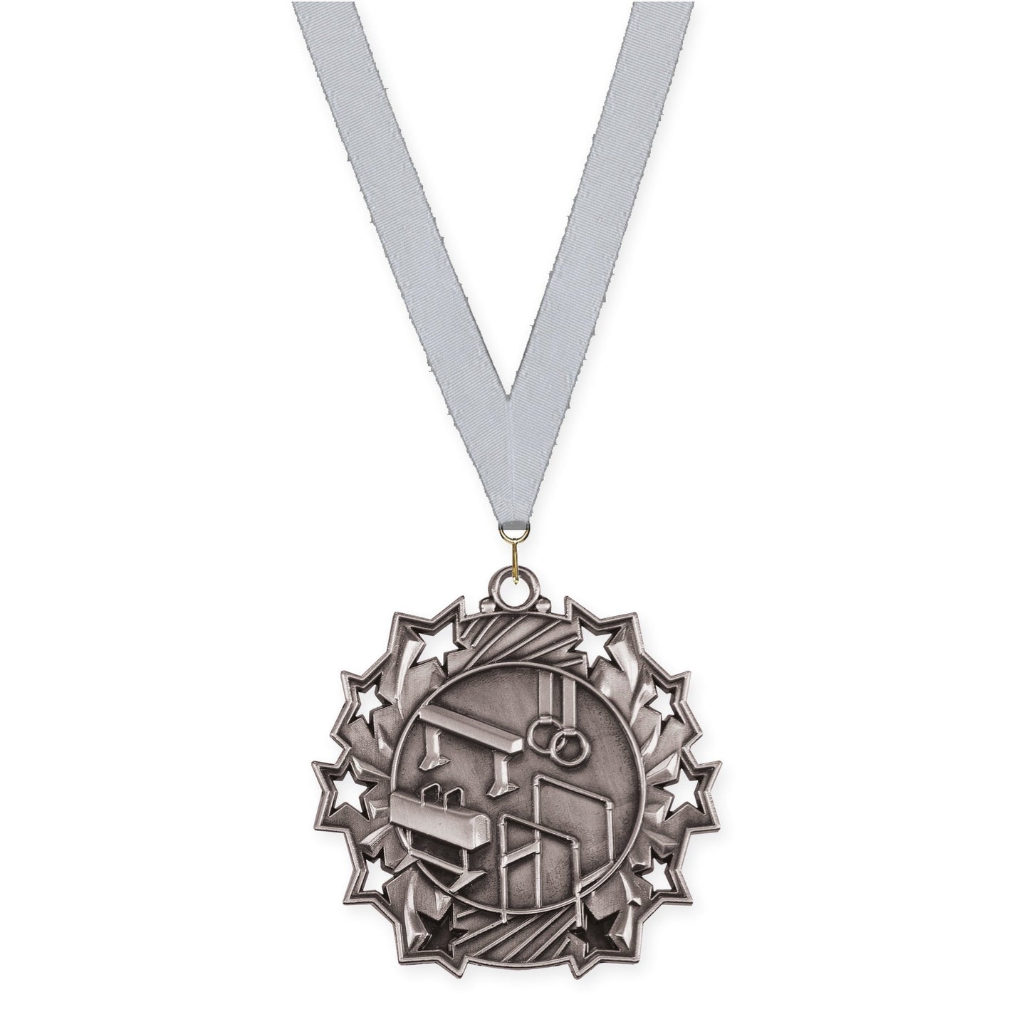 2 1/4 inch gymnastics Ten Star medal in antique silver with Silver Metallic neck ribbon
