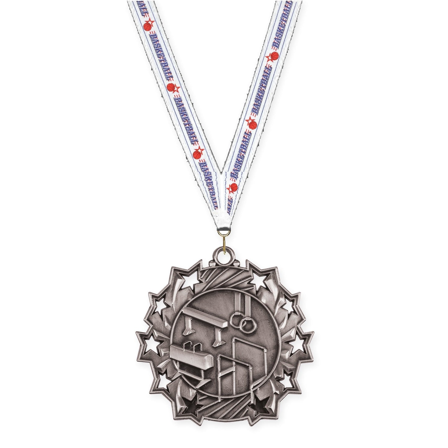 2 1/4 inch gymnastics Ten Star medal in antique silver with Basketball neck ribbon