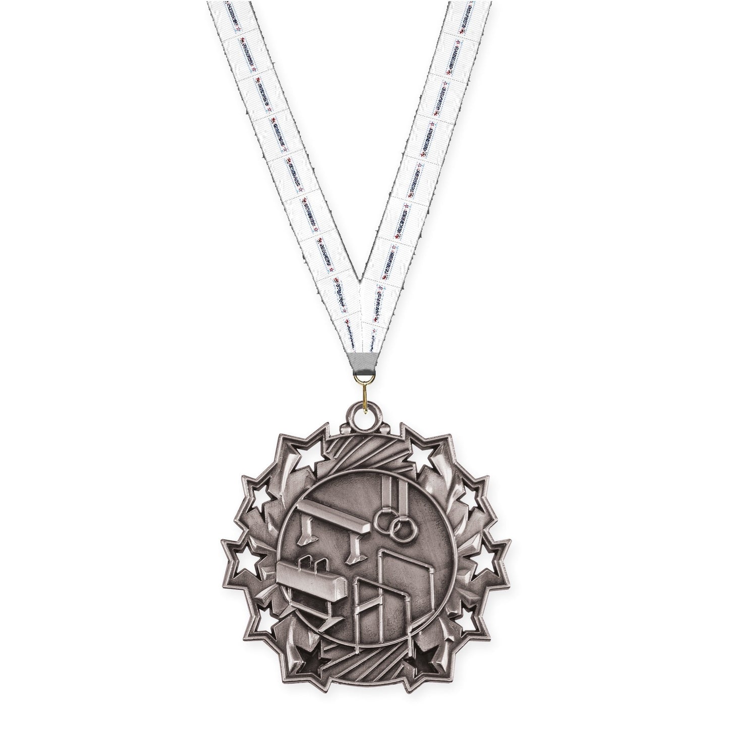 2 1/4 inch gymnastics Ten Star medal in antique silver with Gymnastics neck ribbon