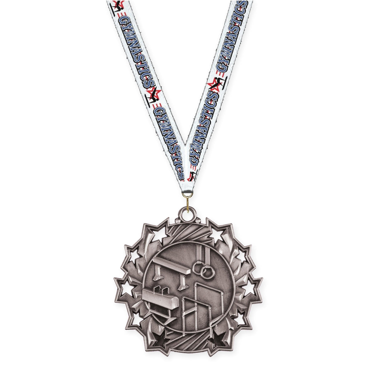 2 1/4 inch gymnastics Ten Star medal in antique silver with Gymnastics neck ribbon
