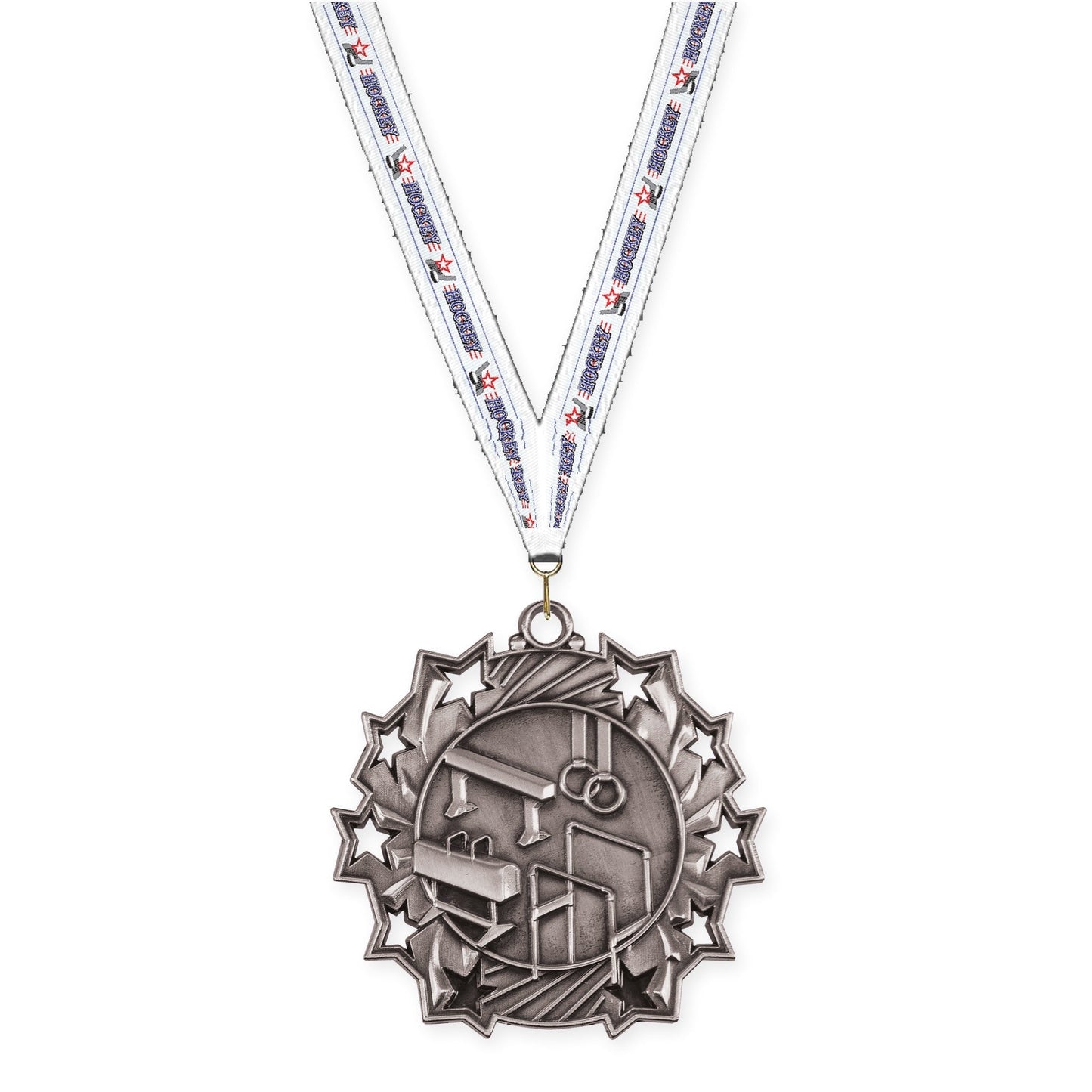 2 1/4 inch gymnastics Ten Star medal in antique silver with Hockey neck ribbon