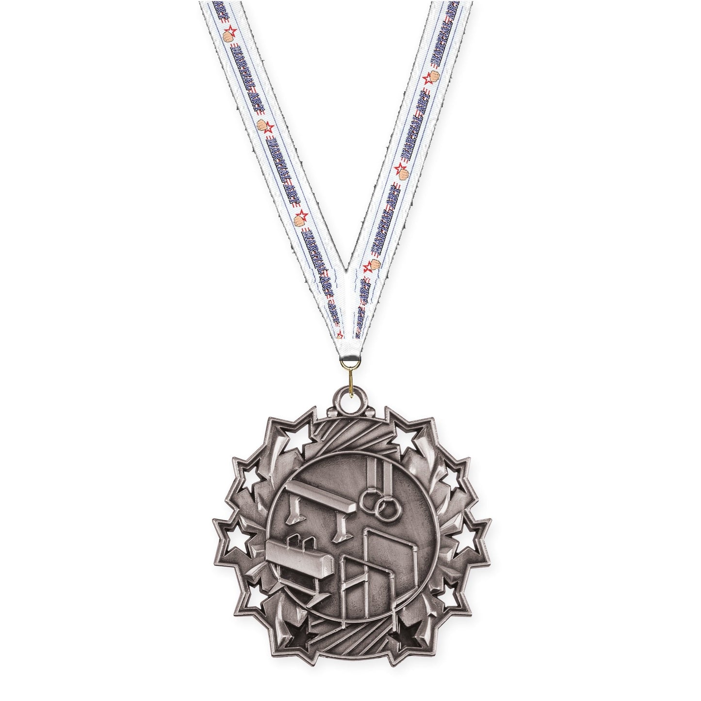 2 1/4 inch gymnastics Ten Star medal in antique silver with Martial Arts neck ribbon