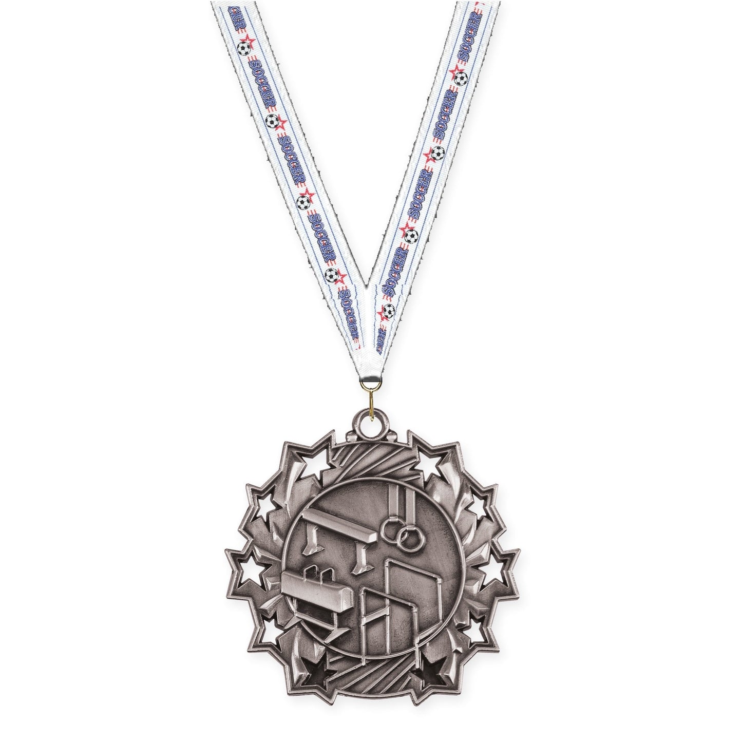 2 1/4 inch gymnastics Ten Star medal in antique silver with Soccer neck ribbon
