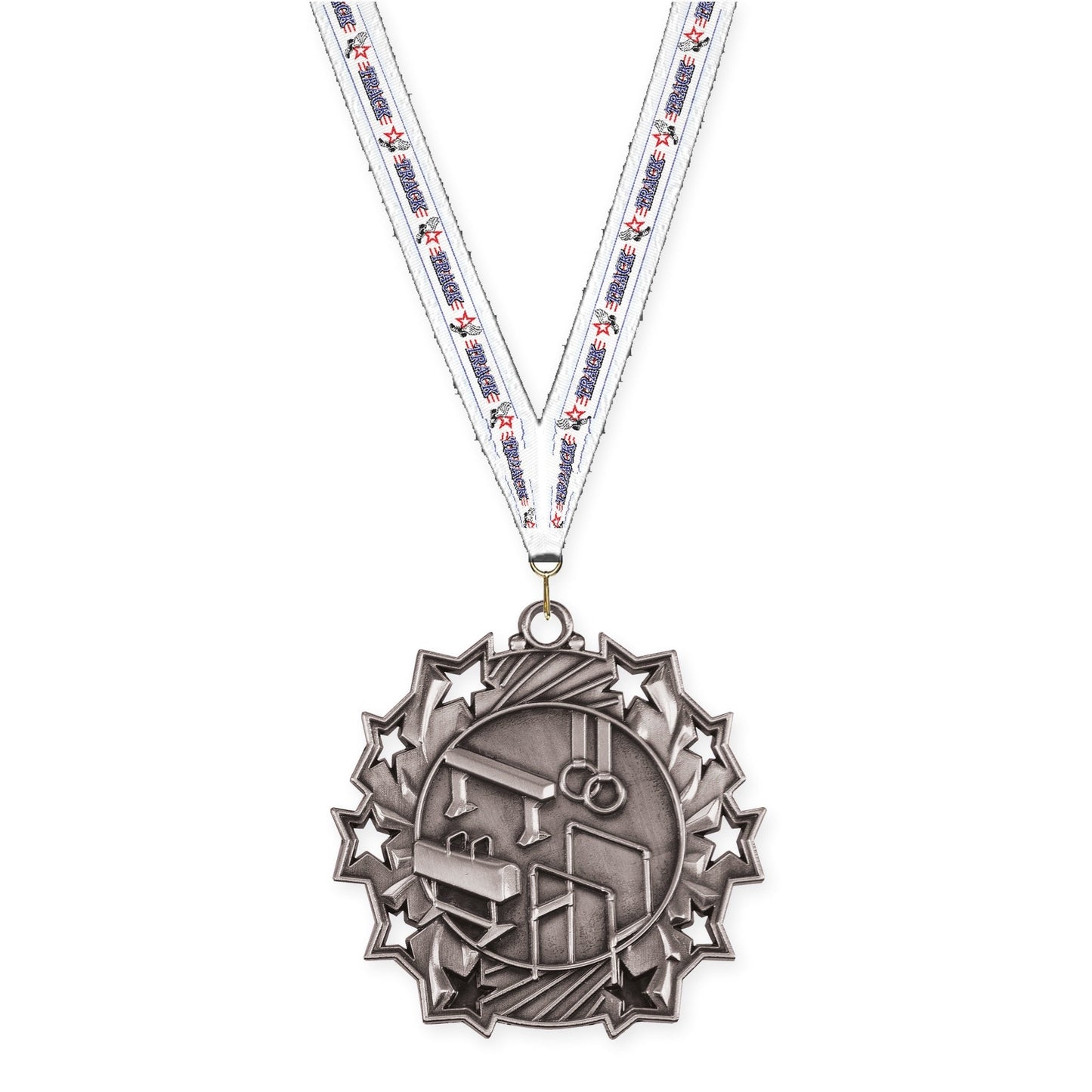 2 1/4 inch gymnastics Ten Star medal in antique silver with Track neck ribbon