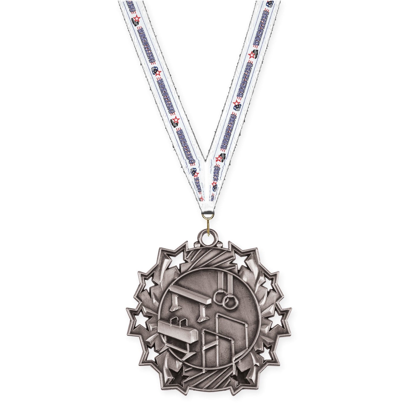 2 1/4 inch gymnastics Ten Star medal in antique silver with Wrestling neck ribbon