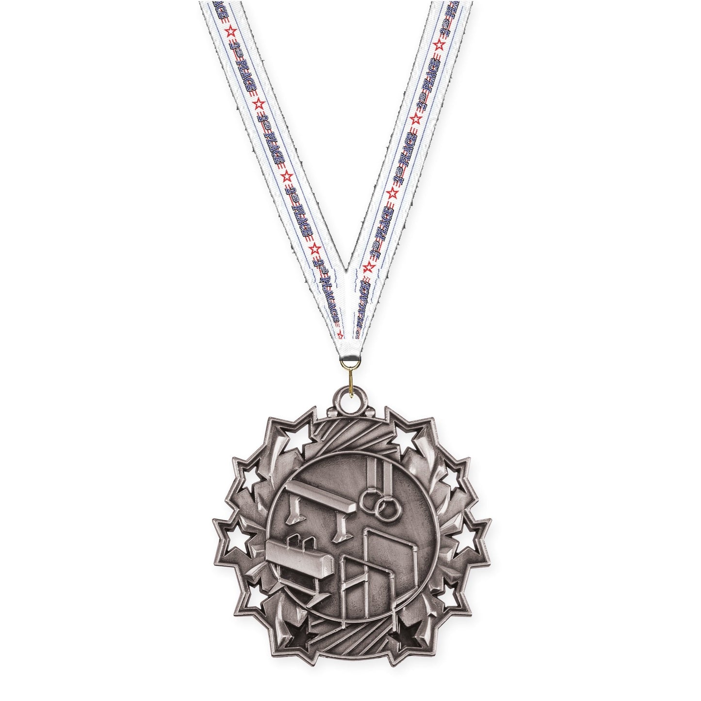 2 1/4 inch gymnastics Ten Star medal in antique silver with 2nd Place neck ribbon