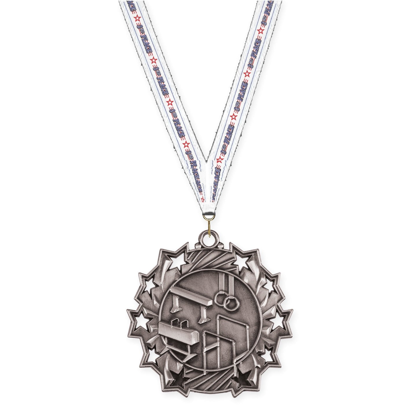 2 1/4 inch gymnastics Ten Star medal in antique silver with 3rd Place neck ribbon