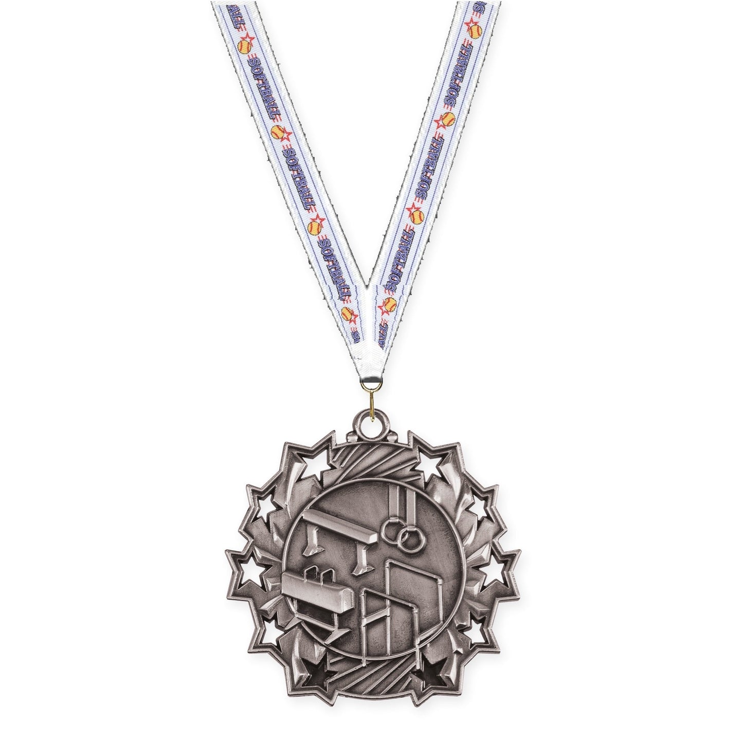 2 1/4 inch gymnastics Ten Star medal in antique silver with Softball neck ribbon