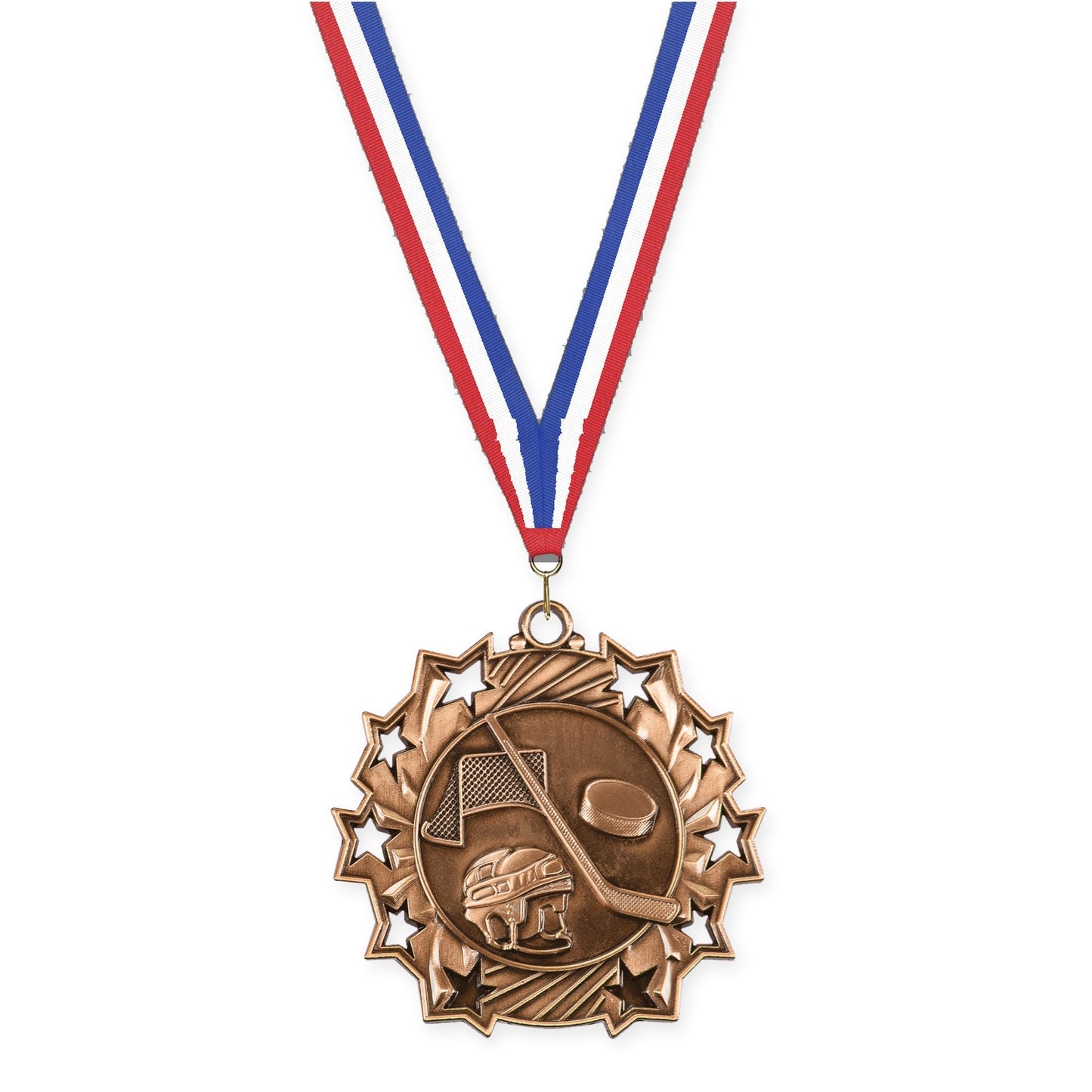 2 1/4 inch hockey Ten Star medal in antique bronze with Red White Blue neck ribbon