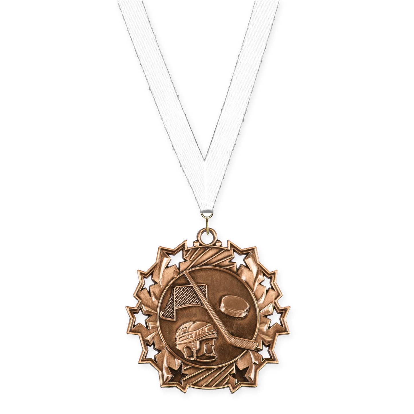 2 1/4 inch hockey Ten Star medal in antique bronze with White neck ribbon