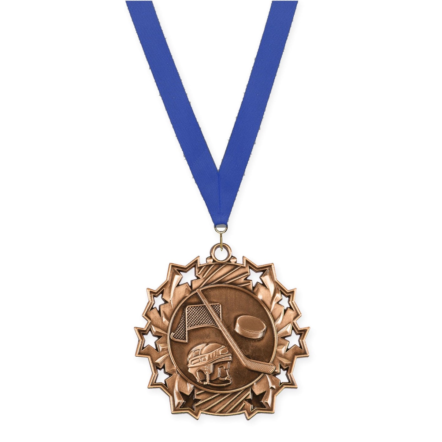 2 1/4 inch hockey Ten Star medal in antique bronze with Blue neck ribbon