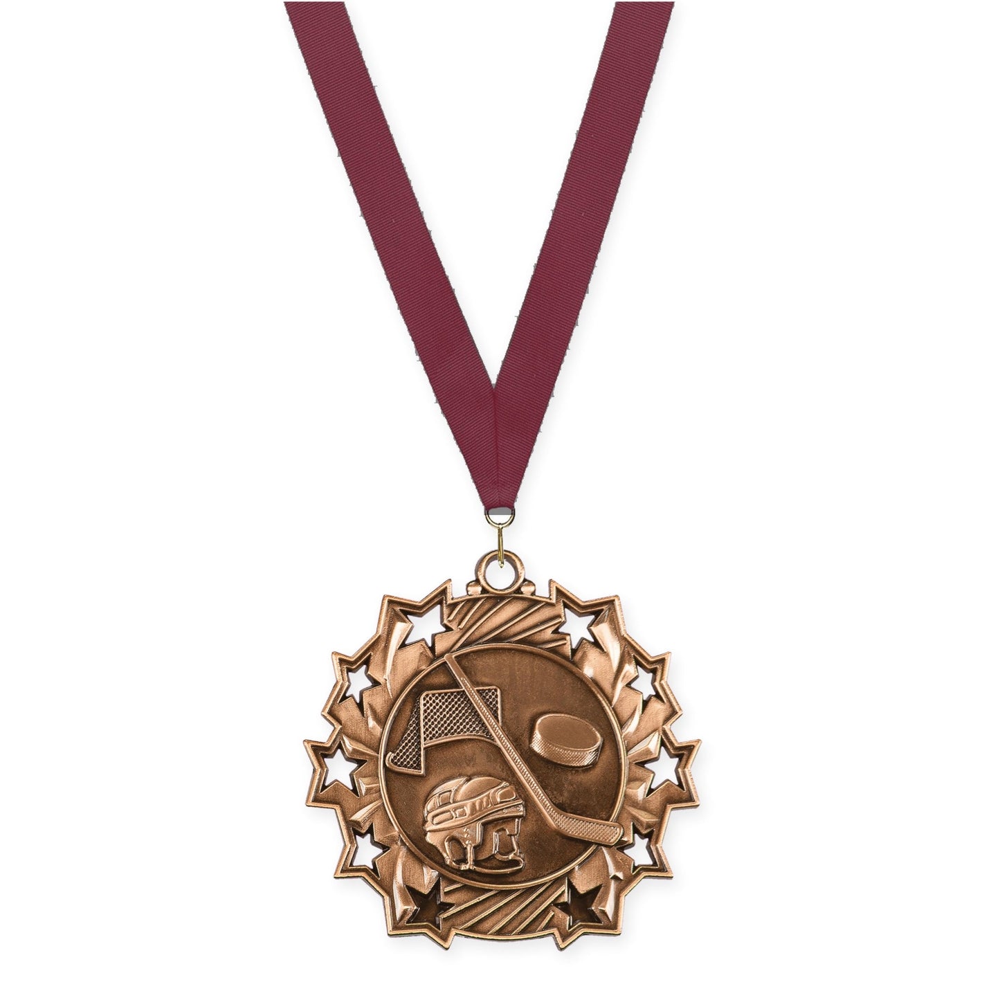 2 1/4 inch hockey Ten Star medal in antique bronze with Maroon neck ribbon