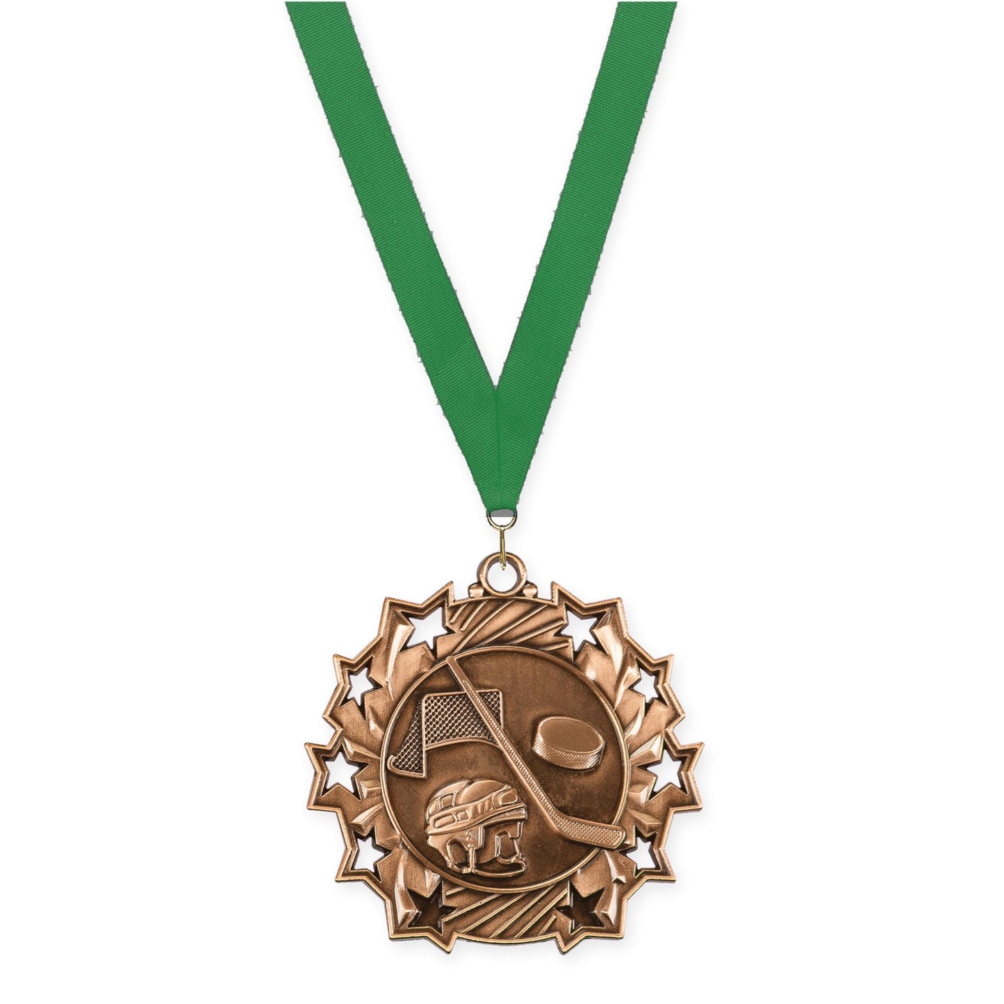 2 1/4 inch hockey Ten Star medal in antique bronze with Green neck ribbon
