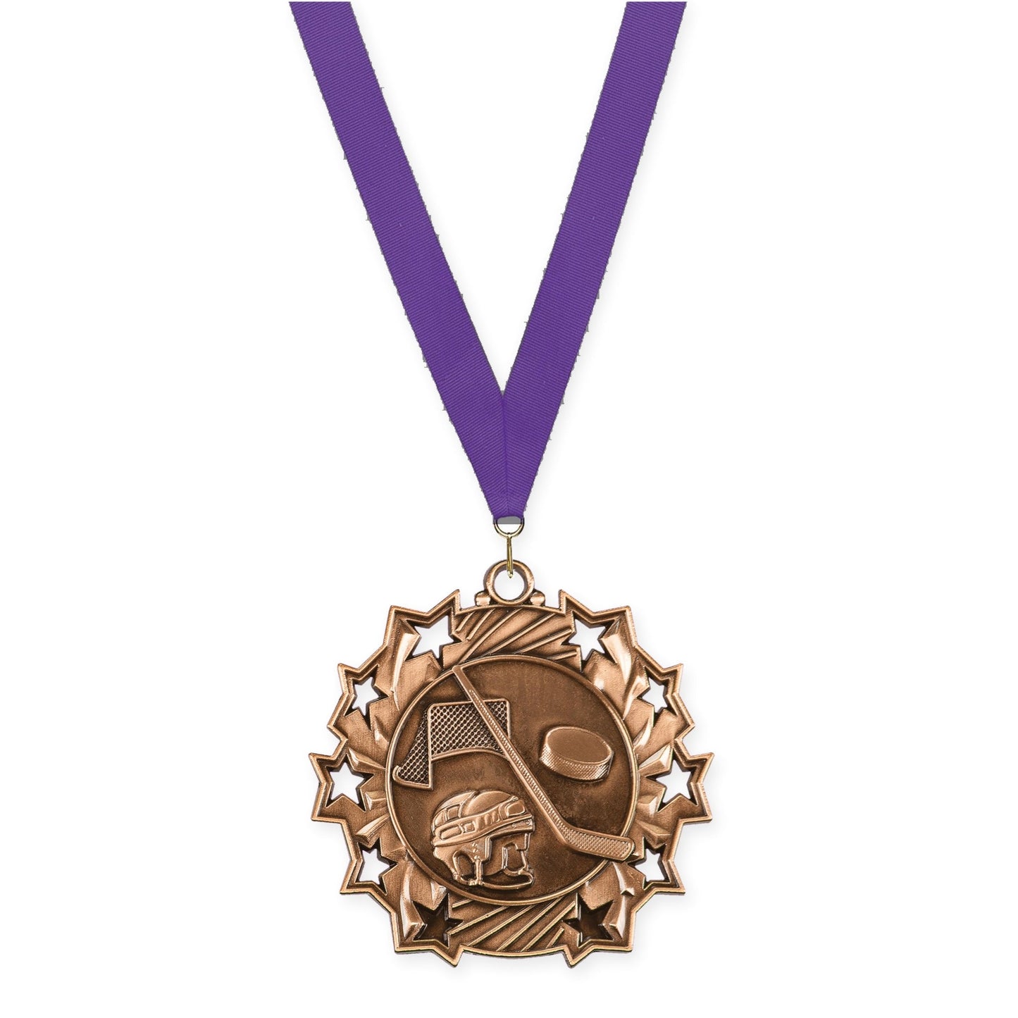 2 1/4 inch hockey Ten Star medal in antique bronze with Purple neck ribbon