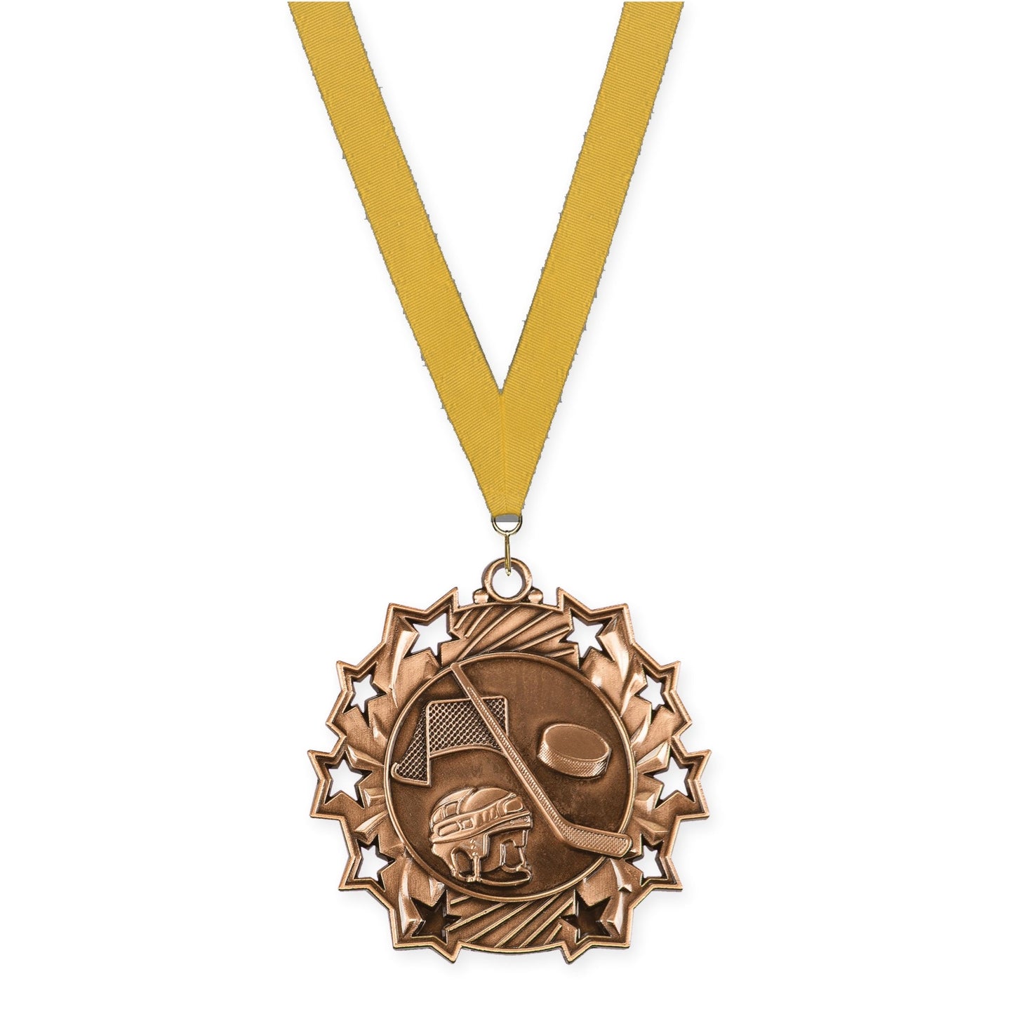 2 1/4 inch hockey Ten Star medal in antique bronze with Gold neck ribbon