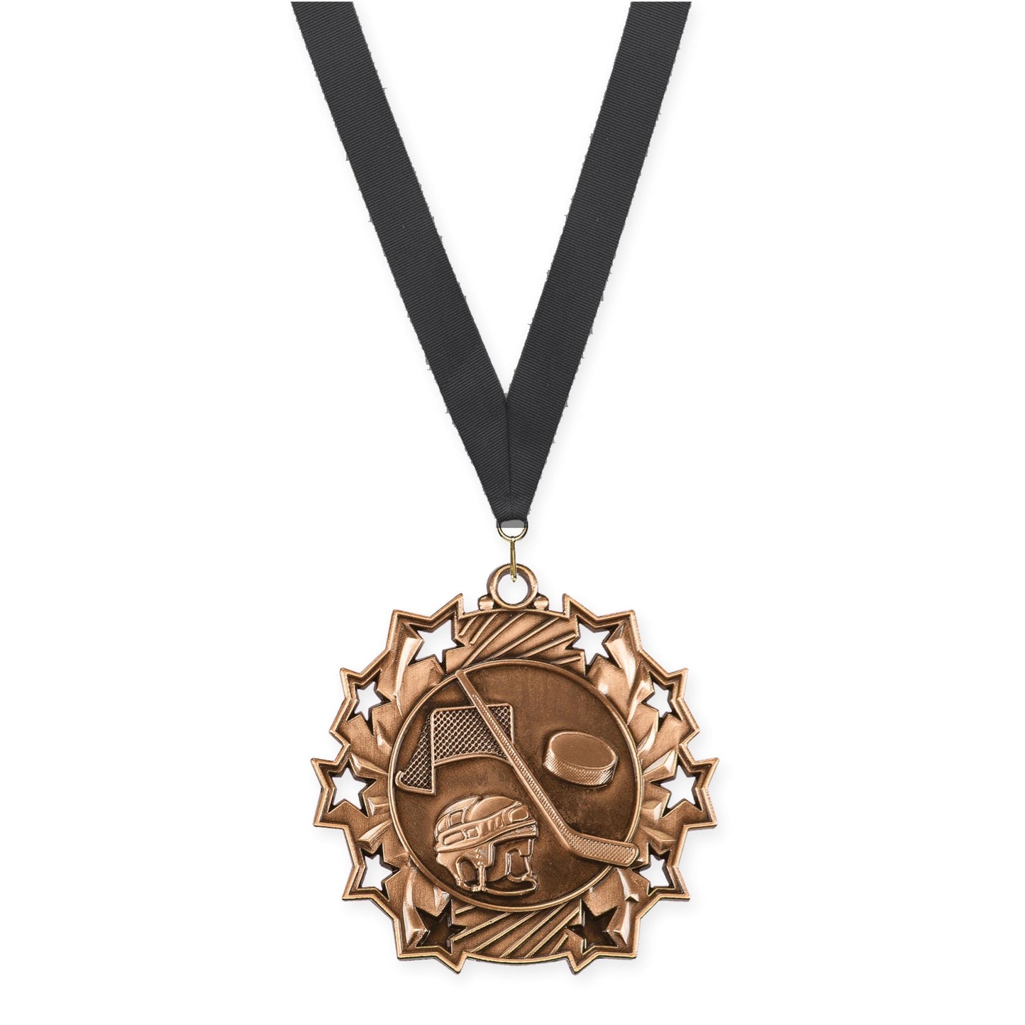 2 1/4 inch hockey Ten Star medal in antique bronze with Black neck ribbon
