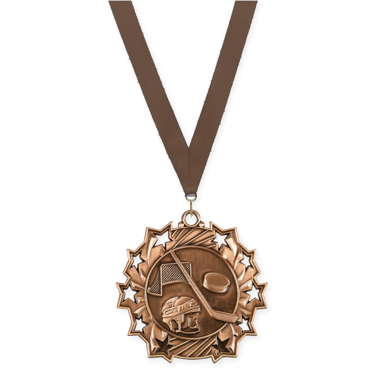 2 1/4 inch hockey Ten Star medal in antique bronze with Brown neck ribbon