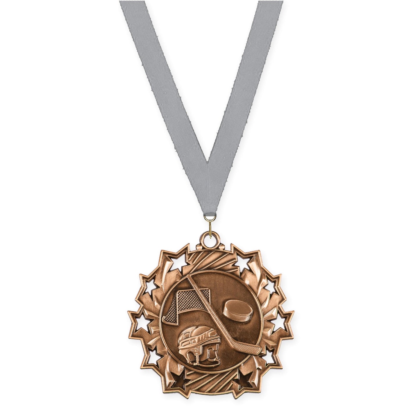 2 1/4 inch hockey Ten Star medal in antique bronze with Gray neck ribbon