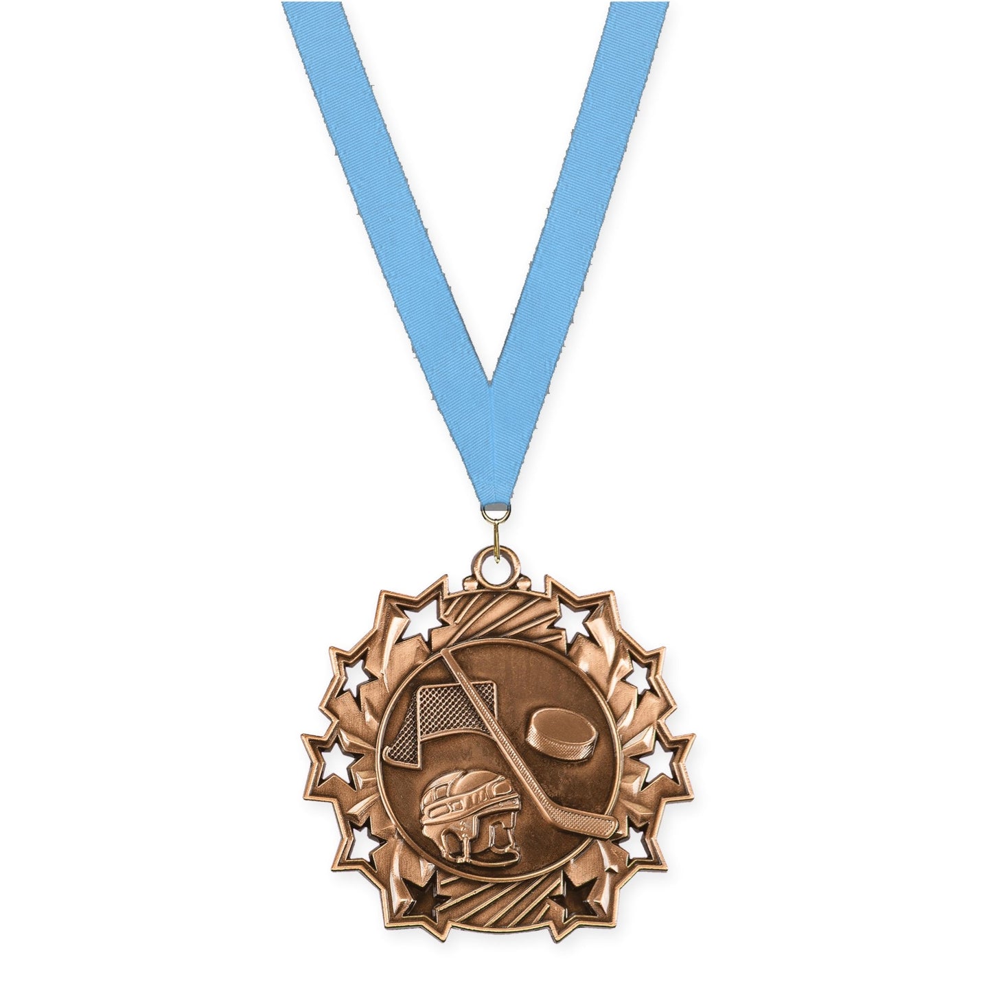 2 1/4 inch hockey Ten Star medal in antique bronze with Light Blue neck ribbon