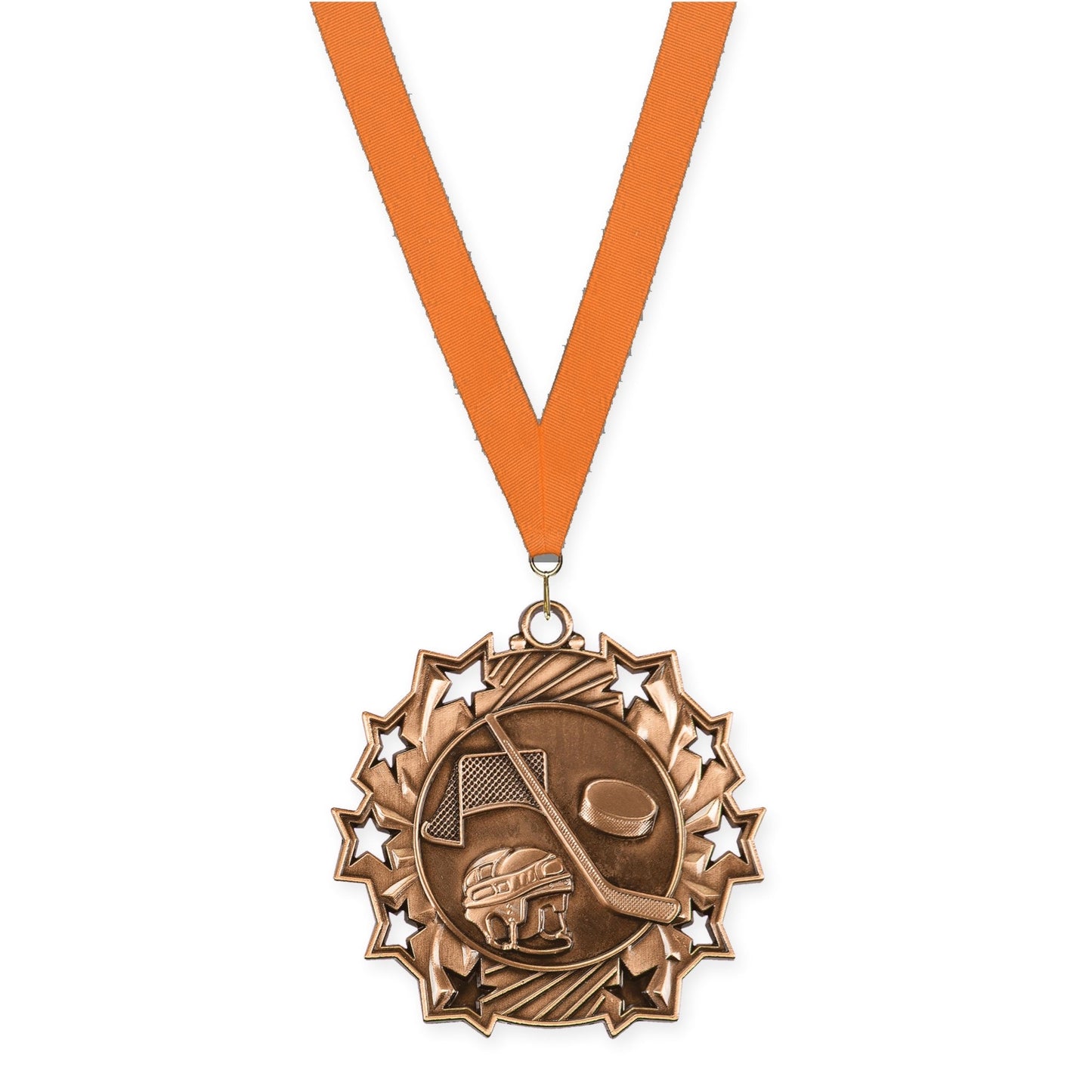 2 1/4 inch hockey Ten Star medal in antique bronze with Orange neck ribbon