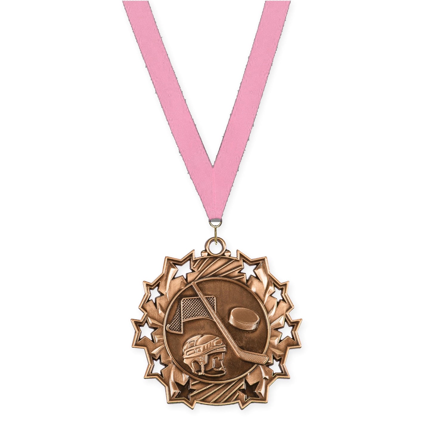 2 1/4 inch hockey Ten Star medal in antique bronze with Pink neck ribbon